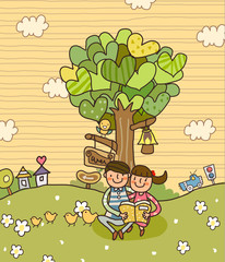 Boy with a girl sitting and reading a book