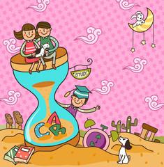 Boy and a girl sitting on an hourglass and another boy standing behind it