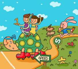 Boy and a girl sitting on a tortoise