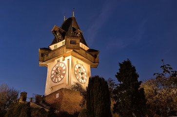 Beautifully illuminated  Clock tower of Graz 