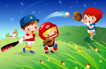 Three baseball players playing baseball