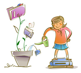 Schoolgirl watering a potted plant with a watering can