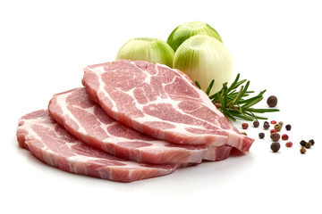 Meat, pork, slices pork loin with herbs and onion, isolated on a white background
