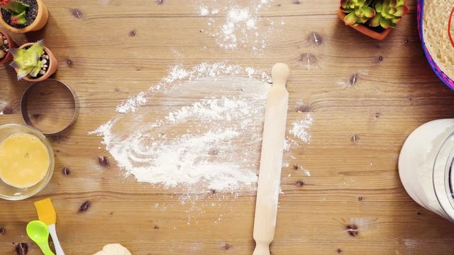 Flat lay. Step by step. Rolling dough for home made empanadas