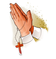 Close-up of a person's hands praying with rosary beads