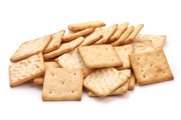 Salted cracker biscuit, close-up, isolated on white background.