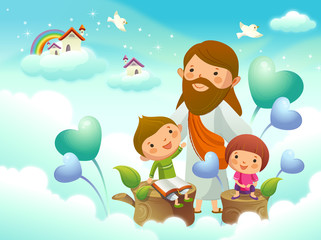 Obraz na płótnie Canvas Jesus Christ with two children on the cloud