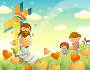 Jesus Christ holding a heart shape flower and standing with two children - 226093153