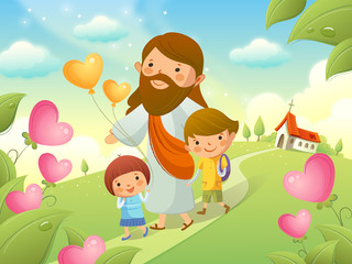 Obraz na płótnie Canvas Jesus Christ walking with two children