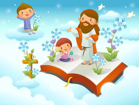 Jesus Christ With Two Children On The Cloud