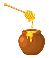Cartoon clay pot of honey with wooden dipper. On white background