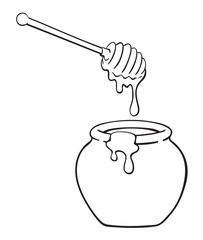 Black and white illustration of cartoon  pot of honey with dipper