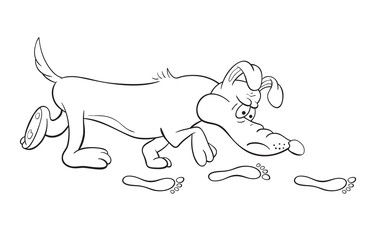 Black and white illustration of a funny cartoon bloodhound dog with fixed look searching footprints - obrazy, fototapety, plakaty