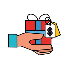 hand holding gift with tag price online shopping