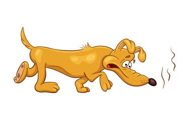 Cartoon illustration of a funny bloodhound dog with  disgust found something evil-smelling