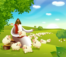 Jesus Christ sitting with a flock of sheep - 226093392