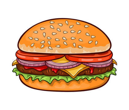 Cartoon cheeseburger illustration on white background. With tomatoes, onion, ketchup and salad