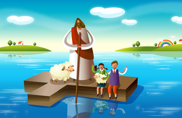 Jesus Christ with a boy and a girl on a cross in the river