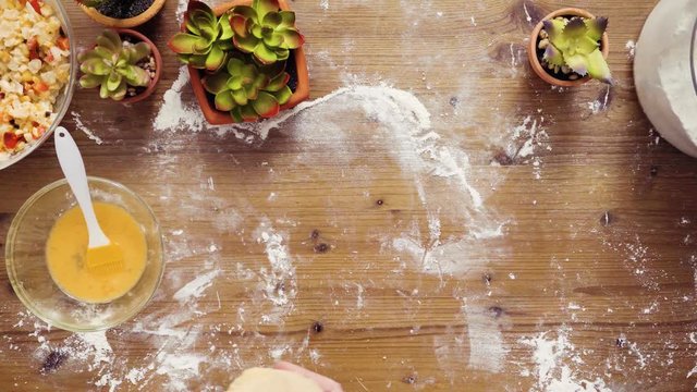 Flat lay. Step by step. Rolling dough for home made empanadas