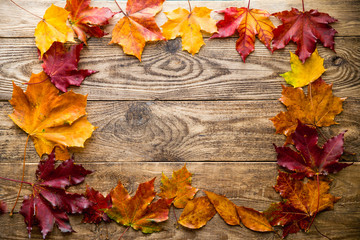 Naklejka na ściany i meble yellow-orange autumn leaves on wooden boards