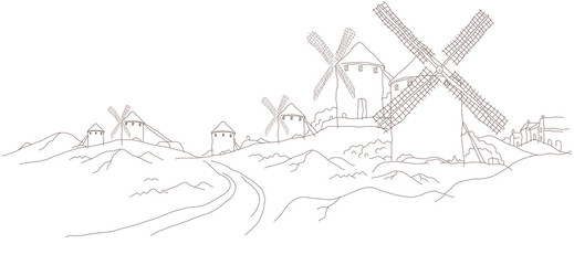 Traditional windmills on a landscape