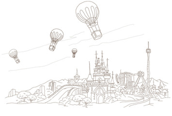 Fototapeta premium Low angle view of hot air balloons over a town