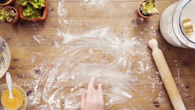 Flat lay. Step by step. Rolling dough for home made empanadas
