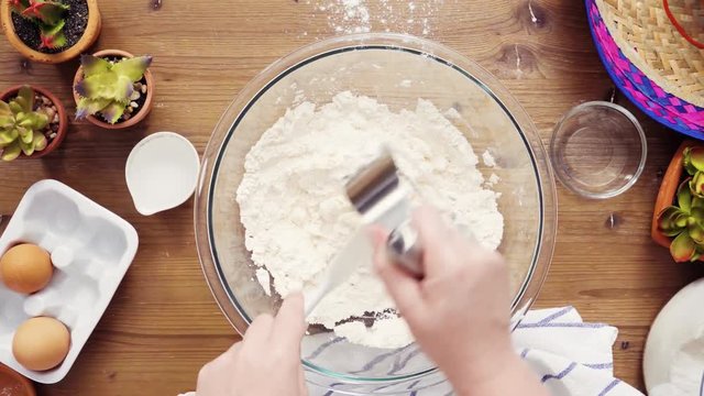Flat lay. Step by step. Mixing ingredients to make dough for empanadas
