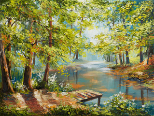 Oil painting landscape - autumn forest near the river, orange leaves - obrazy, fototapety, plakaty