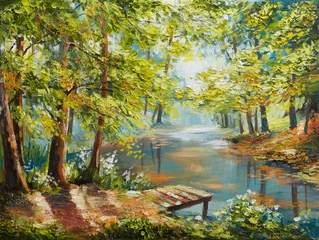 Foto auf Acrylglas Aquarell Natur Ölgemälde Landschaft - Herbstwald am Fluss, Orangenblätter