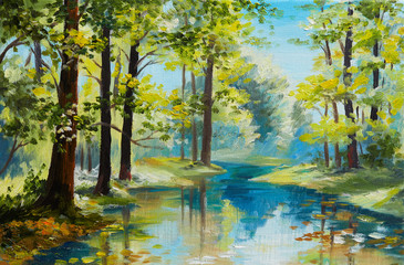 Oil painting landscape - river in the forest, summer day - 226095980