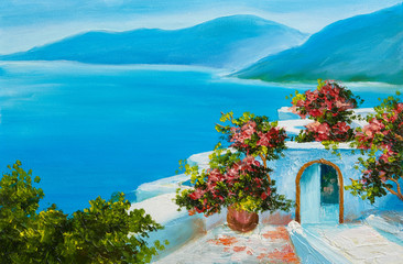 oil painting - house near the sea, colorful flowers, summer seascape - 226096119