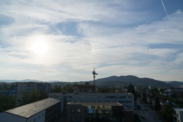 Sunrise and sunset over the buildings in the city. Slovakia