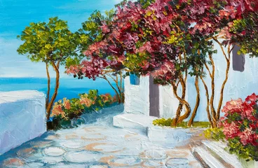 Poster olieverfschilderij - huis in de buurt van de zee, kleurrijke bloemen en bomen, zomerzeegezicht © Fresh Stock