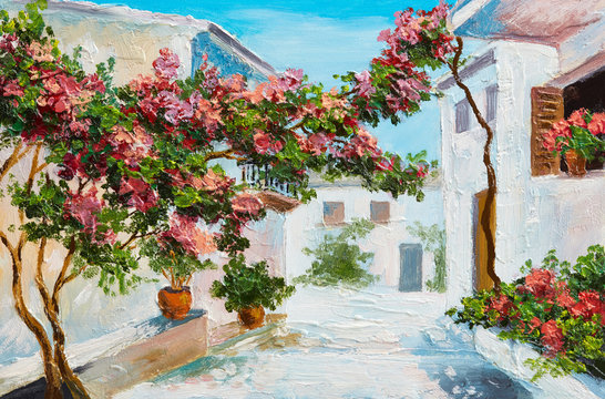 oil painting - house near the sea, colorful flowers and trees, summer seascape