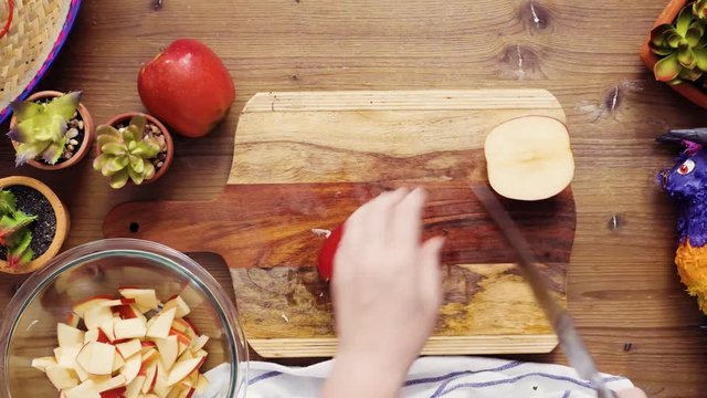 Flat lay. Step by step. Slicing vegetables for filling to make empanadas