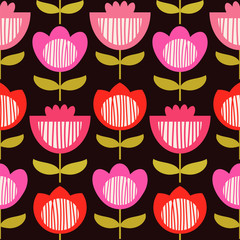 Seamless vector pattern with scandinavian flowers on the dark background.