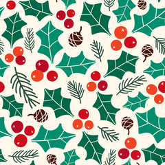 Pinecones and Holly berries.  Christmas seamless vector pattern.
