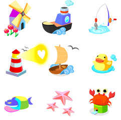 Various animals with boats on a white background