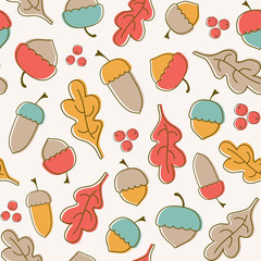Autumn background with acorns, berries and leaves. Seamless vector pattern.