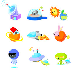 Various space related things with aliens on a white background