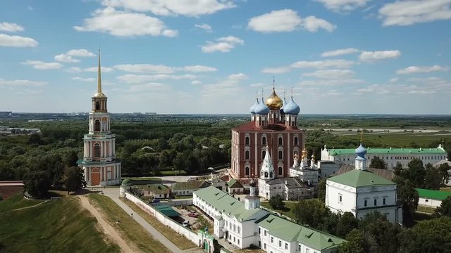 General view of complex of architectural monuments of Ryazan Kremlin located on hill in Russian city of Ryazan