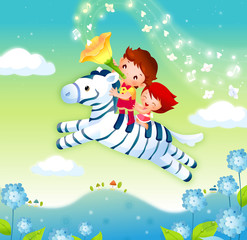 Boy and a girl riding a zebra in the sky