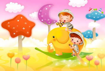 Obraz premium Boy sitting on the back of an elephant with a girl floating on a leaf