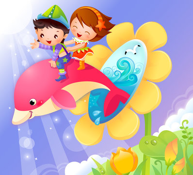 Boy and a girl riding a dolphin