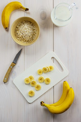 Ingredients for cooking oatmeal breakfast with banana