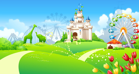 Formal garden in front of an amusement park