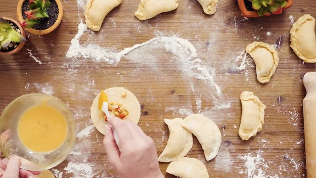 Flat lay. Step by step. Making home made vegetarian empanadas with corn