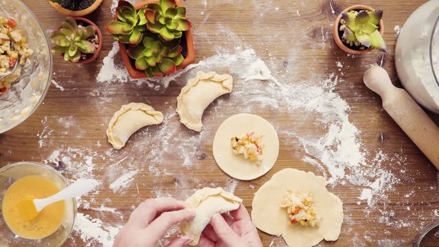 Flat lay. Step by step. Making home made vegetarian empanadas with corn
