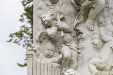 Architectural elements of the Mozart monument created in 1896 in Vienna in Austria. 